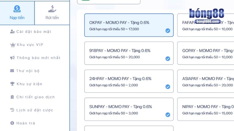 Nạp tiền Bong88 qua ví điện tử