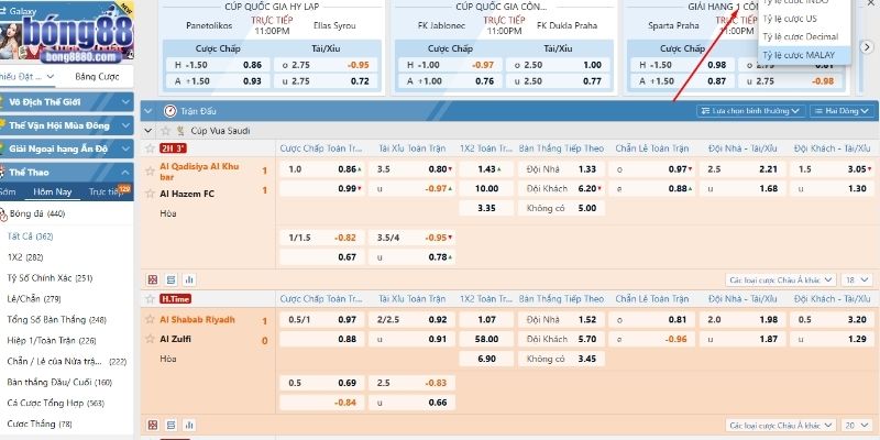 Tỷ lệ kèo Malaysia hiển thị số âm và dương